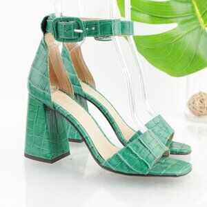 Minelli Womens Sandals Size 37 7 Emerald Green Croc Flare Heel Ankle Strap Shoes